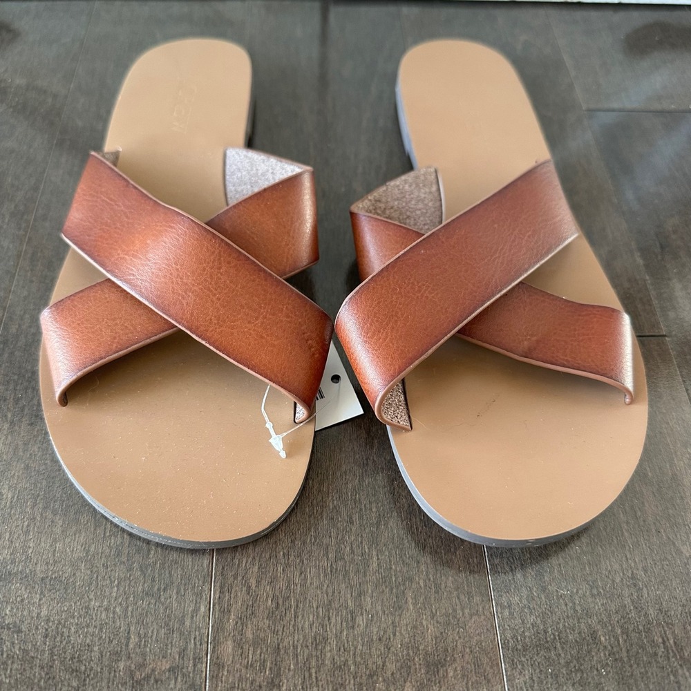 NWT J. Crew Factory‎ Criss Cross Slip On Sandals Vacation Travel Brown 7